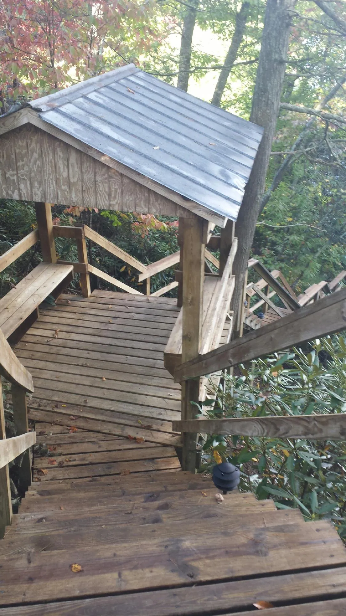 Metal roofed shelter over wooden steps on a wooded walkway — Skylight Repair & Installation work by our crew in Hiko